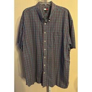 Men Tommy Hilfiger short sleeve Navy blue white pink plaid shirt Size XXL